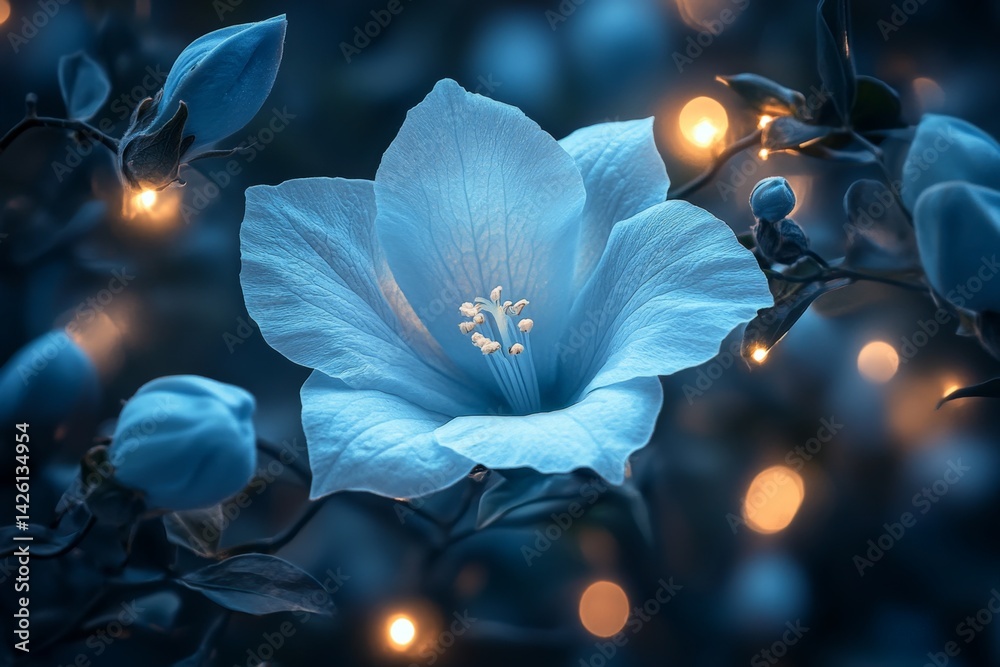 Poster blue flower illuminated by soft lights in a tranquil garden setting during twilight hours