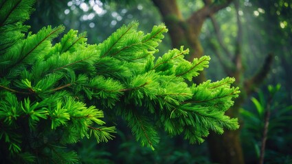 Close-up of vibrant green conifer tips sprouting on a large tropical tree with lush new growth