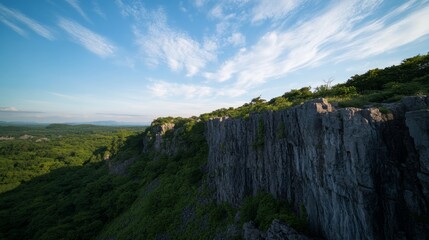 Fototapeta premium A striking mountain cliff with jagged rocks towers over thriving vegetation, illuminated by a clear blue sky and scattered clouds, perfect for showcasing content