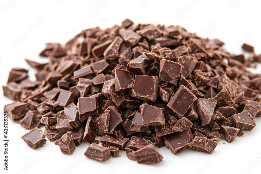 Poster chocolate chunks arranged in a neat pile for baking and dessert preparations in a kitchen setting
