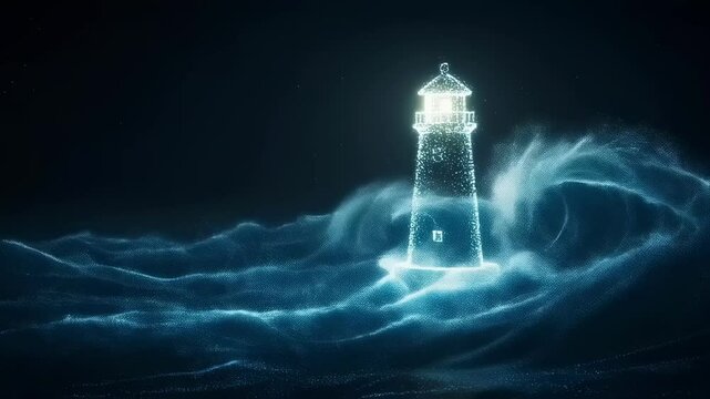 The lighthouse stands tall against a backdrop of turbulent water and swirling waves. Its bright beam cuts through the darkness, providing guidance to lost ships. The stormy atmosphere creates a sense