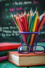Cup with colorful pencils on desk in classroom with chalkboard. Back to school concept.  
