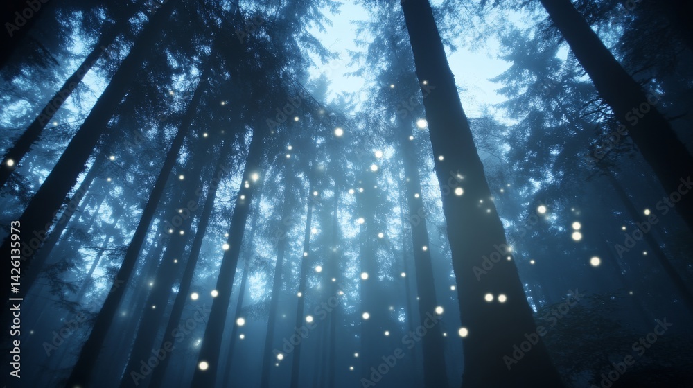 Poster dense forest with towering dark trees and faint glowing orbs creates a mysterious and eerie atmosphe