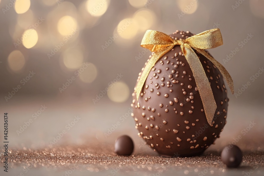 Poster chocolate egg decorated with golden ribbon and tiny beads on table with festive backdrop