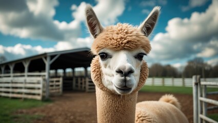 Obraz premium Brown alpaca with fluffy fur against white background
