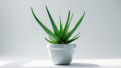 Aloe vera plant thriving in a white flowerpot against a nature background