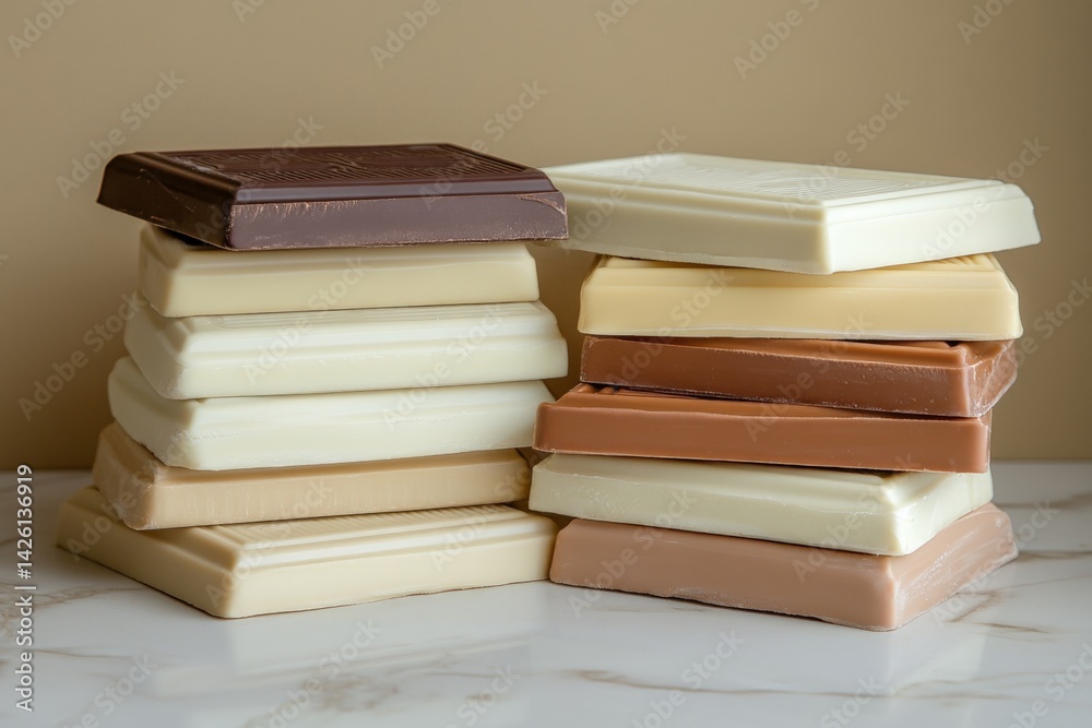 Poster various types of chocolate bars stacked in an artistic arrangement on a marble surface