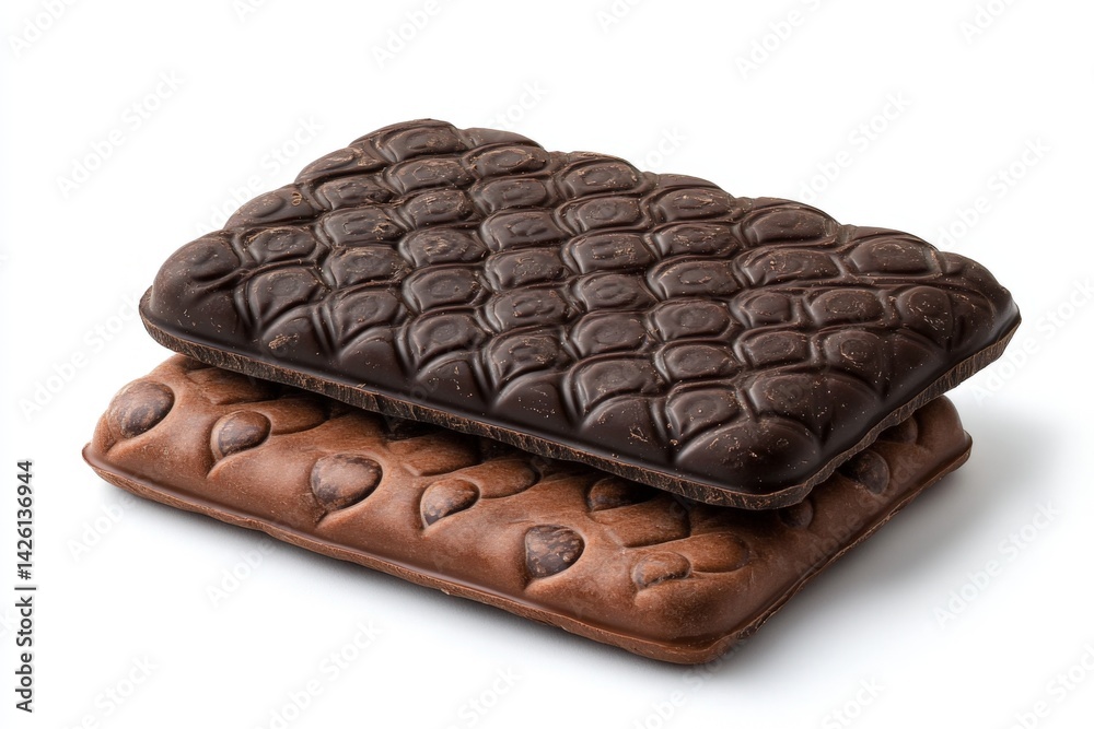 Poster Chocolate bars stacked on a neutral background displaying distinct textures and colors of dark and milk chocolate