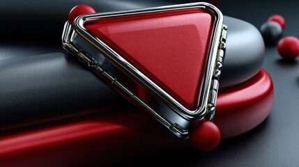 Red triangular metallic object rests on sleek black and red curves Abstract 3D render design