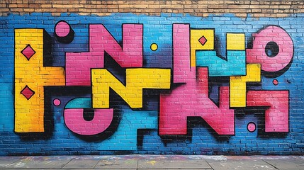 Vibrant, geometric graffiti art adorns a brick wall.