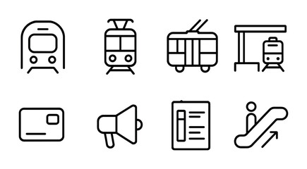 Public transportation and communication linear icons set for urban navigation