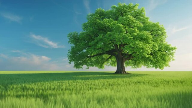 Solitary oak tree with green foliage amidst a field of wheat, showcasing a charming agricultural landscape.