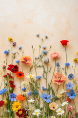 Fototapeta premium Wildflower mix scattered on soft beige background. Floral spring season concept. 