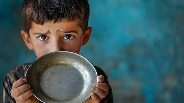 Hungry Child Holding Empty Metal Bowl Deep Brown Eyes Sad Expression Poverty Concept Hopeful Child Needs Food Humanitarian Aid Child Poverty World Hunger Desperate Situation Emotional Image Serious   