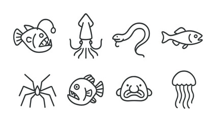 Obraz premium Underwater creatures icon set: linear style with anglerfish, squid, eel, fish, spider, pufferfish, octopus head, jellyfish