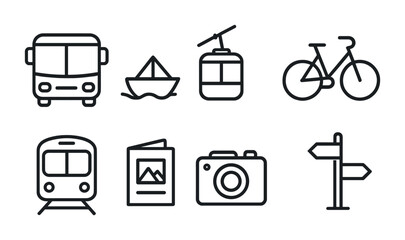 Transport and travel outline icons set: bus, boat, cable car, bicycle, train, passport, camera, signpost