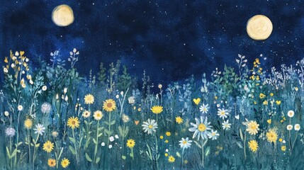 Moonlit meadow basks in starlit night