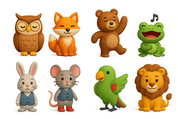 Fototapeta premium Cute animal icon set – 3d style adorable wildlife and cartoon symbols for kids' themes and projects: owl, fox, bear, frog, rabbit, mouse, parrot, lion