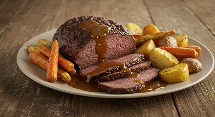 Delicious Roasted Beef Served With Glazed Carrots And Golden Potatoes On Rustic Wood
