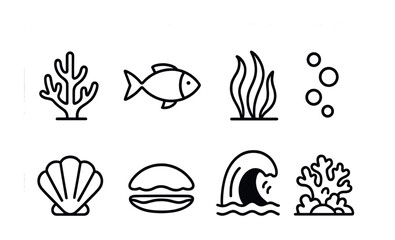 Underwater elements: marine life icon set in linear style
