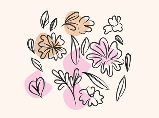 Abstract Floral Line Art Design with Pink and Beige Shapes