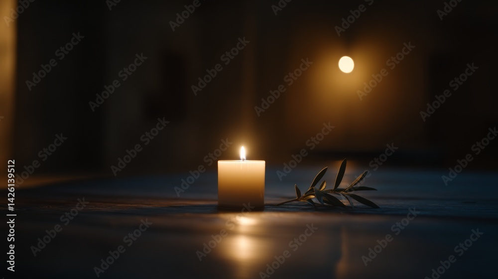 Aufkleber a single lit candle rests on a rustic wooden table beside an olive branch, creating a warm, peaceful