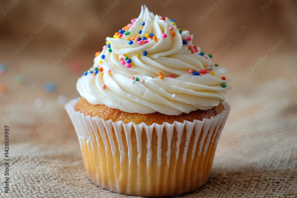 Poster Delicious cupcake topped with frosting and colorful sprinkles on a rustic backdrop