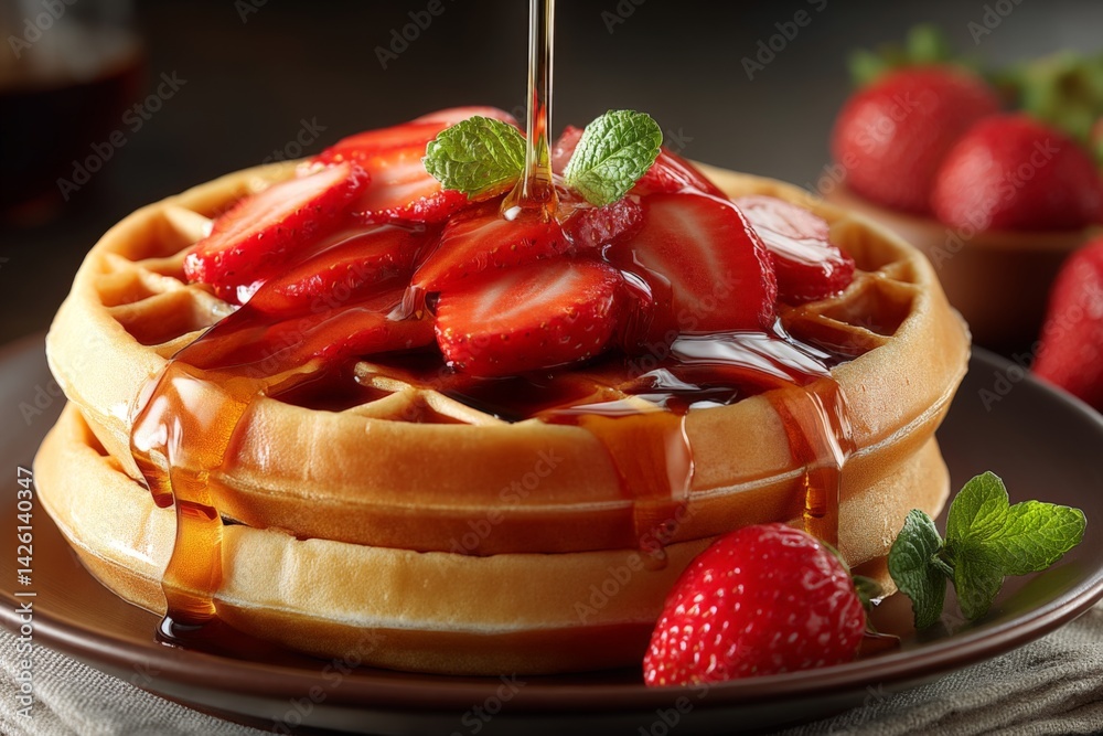 Poster delicious waffles topped with fresh strawberries and syrup served on a rustic plate