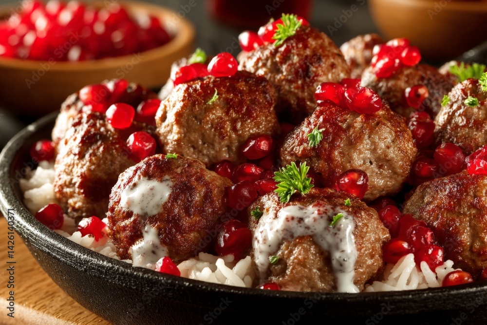 Aufkleber savory meatballs topped with pomegranate seeds served on rice in a rustic setting