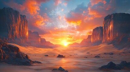 Golden Hour Glow: Desert Landscape with Towering Cliffs and Fier