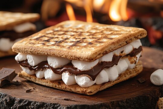 Sweet s'mores layered with marshmallows and chocolate beside a cozy fire outdoors at night