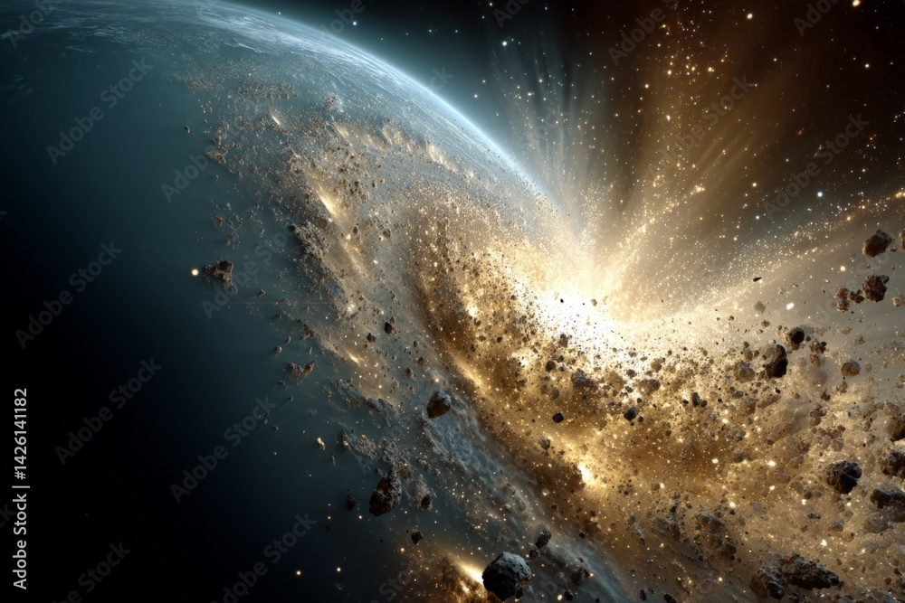 Poster cosmic explosion of stars and asteroids in the vastness of space captured during a galactic event