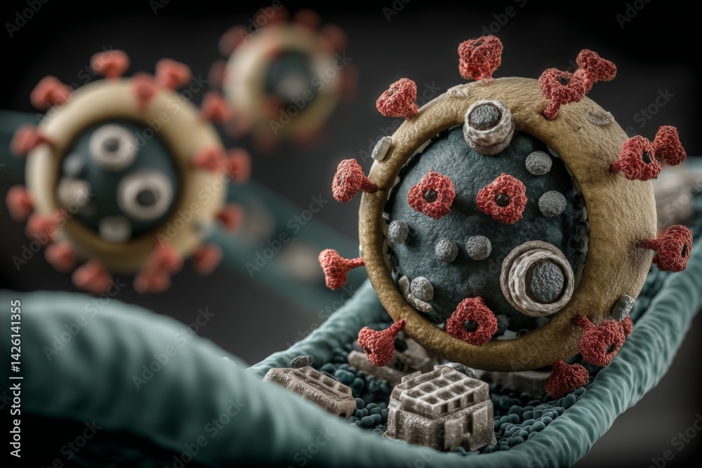 Poster Microscopic view of a virus structure with detailed features and surrounding context in a lab setting