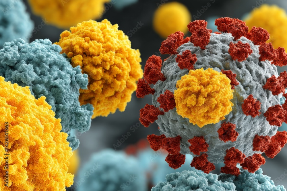 Aufkleber visualization of viral particles interacting with host cells under microscopic conditions