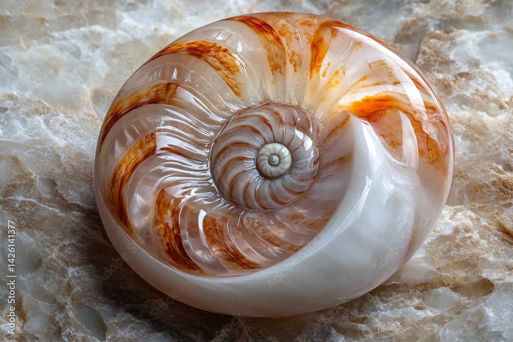 Poster Beautiful nautilus shell resting on marble surface showcasing intricate patterns and colors