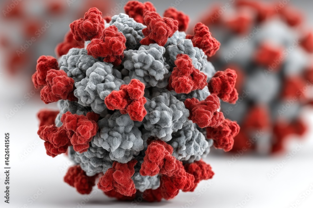 Poster Visual representation of coronavirus structure highlighting spikes and surface texture in a detailed microscopic view