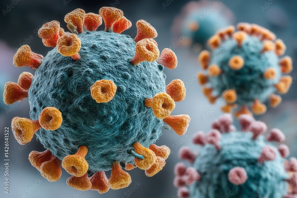 Aufkleber Detailed view of a virus particle with spike proteins under a microscope in a laboratory setting