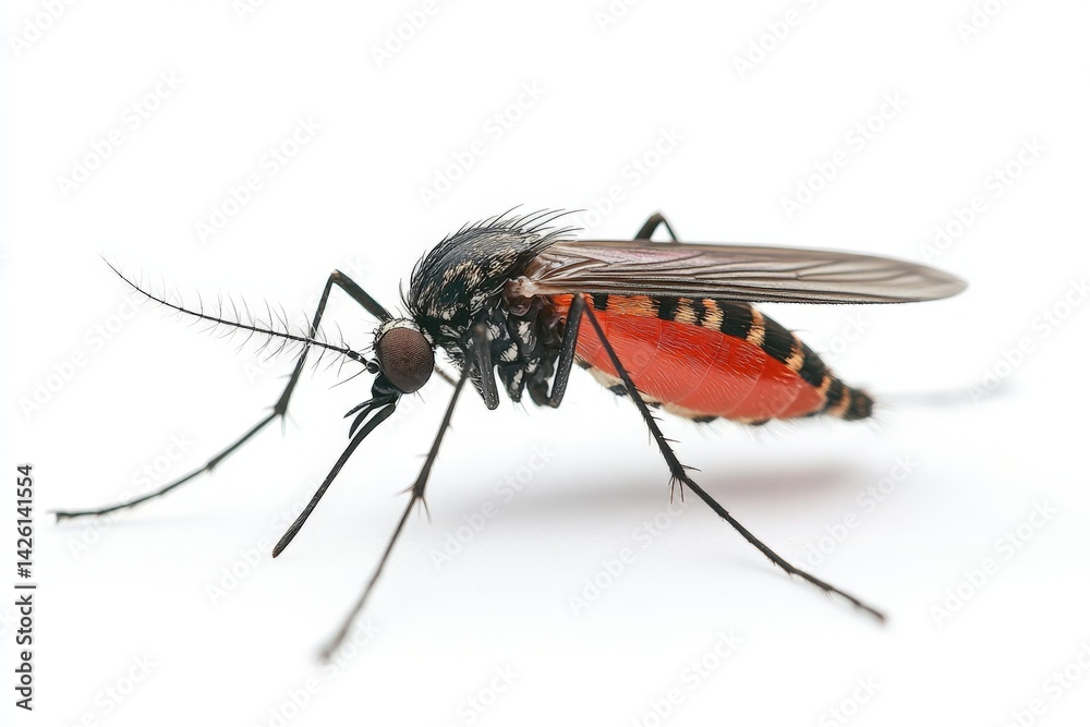 Poster close-up of a mosquito highlighting its distinct features, color patterns, and anatomy under bright 