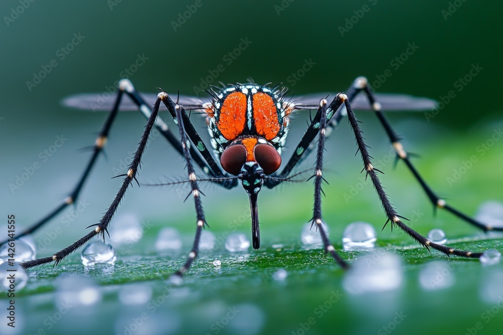 Poster close-up view of a mosquito with vibrant colors on a dew-covered leaf in a natural setting