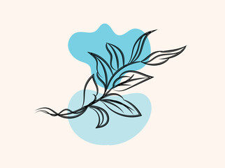 Elegant Line Art Branch with Leaves on Abstract Blue Background