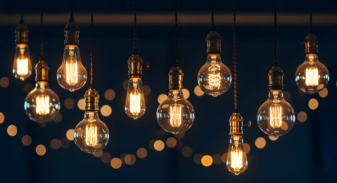 Warm glowing vintage light bulbs hanging in a dark room creating a cozy and inviting atmosphere - Powered by Adobe