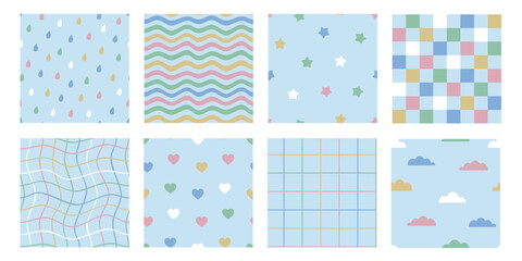 Seamless patterns set with stripes, cells, hearts, stars, drops, waves, clouds. Cute  backgrounds for kids or fabric. Funky hippie fashion textile print, retro background. Vector illustration