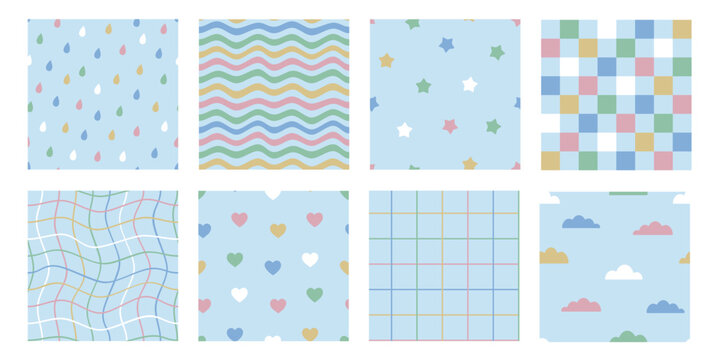 Fototapeta Seamless patterns set with stripes, cells, hearts, stars, drops, waves, clouds. Cute  backgrounds for kids or fabric. Funky hippie fashion textile print, retro background. Vector illustration