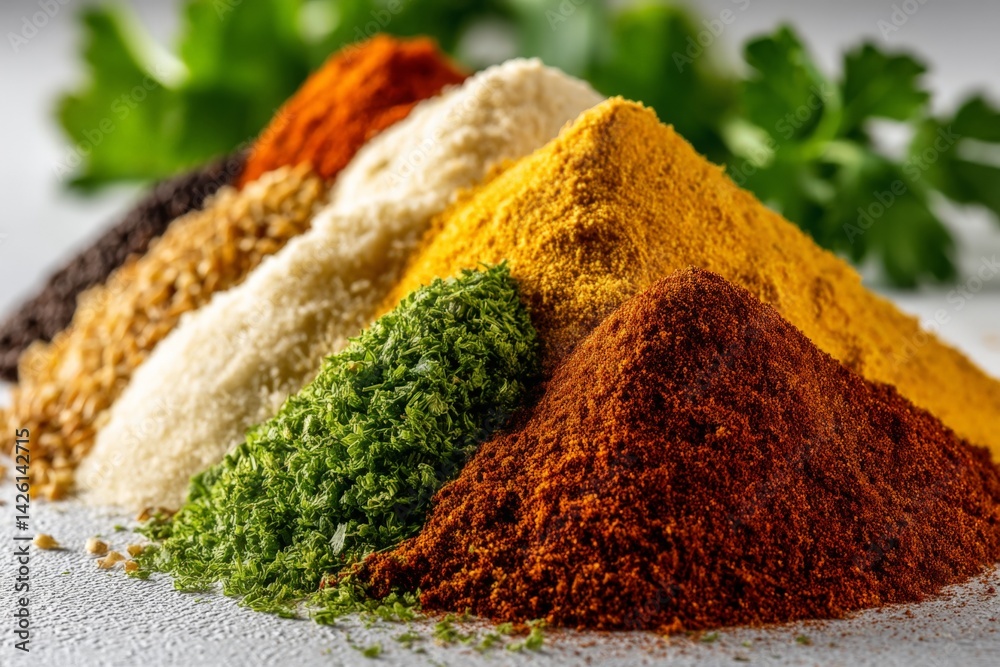 Poster colorful spices arranged in piles on a countertop showcasing a variety of textures and flavors for c
