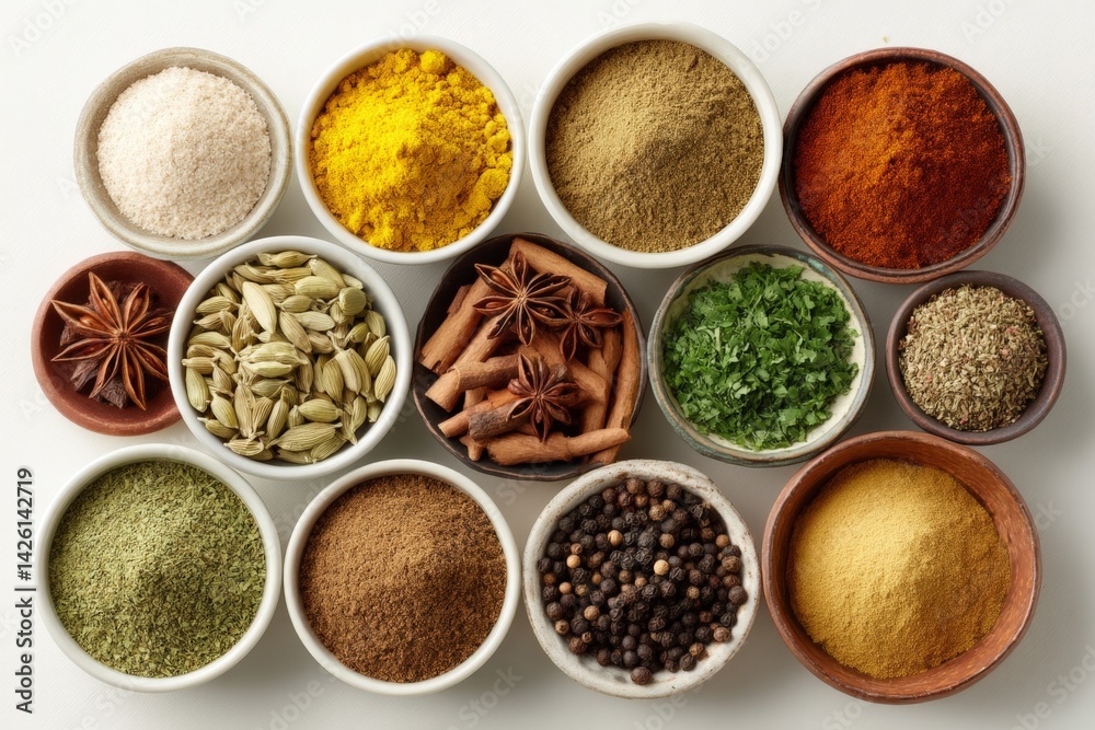 Aufkleber diverse collection of spices and herbs displayed in bowls on a white surface for culinary inspiratio