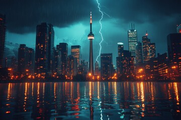 Dramatic skyline of Toronto illuminated by lightning during a stormy evening