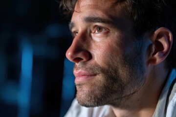 Obraz premium A striking profile of a man engaging in deep reflection, emphasizing the contours of his face and the contemplative moods captured in this artistic representation.