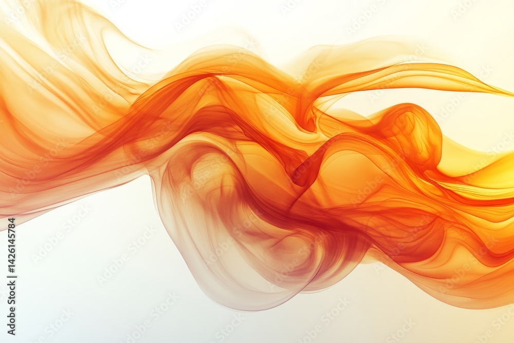 Poster Flowing orange and yellow abstract fabric gracefully dances in soft light creating an ethereal atmosphere in a minimalist space