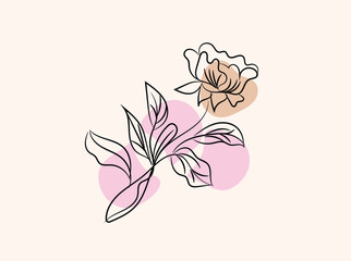 Elegant Line Art Floral Design with Pink and Beige Abstract Shapes