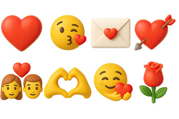 Love and valentine 3d icon set – romantic expressions and symbols for affection and celebration: heart, kissing face, love letter, arrow heart, couple, hand heart, rose
